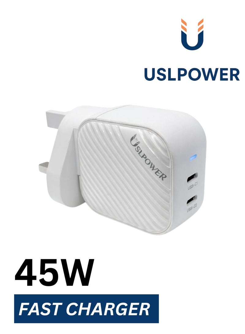 USLPOWER 45W USB-C Power Adapter GaN Fast Charger, Dual USB-C PD Wall Charger, Super Fast Charging, UK Plug, for Smartphone Tablet Laptop Travel Use - Image 1